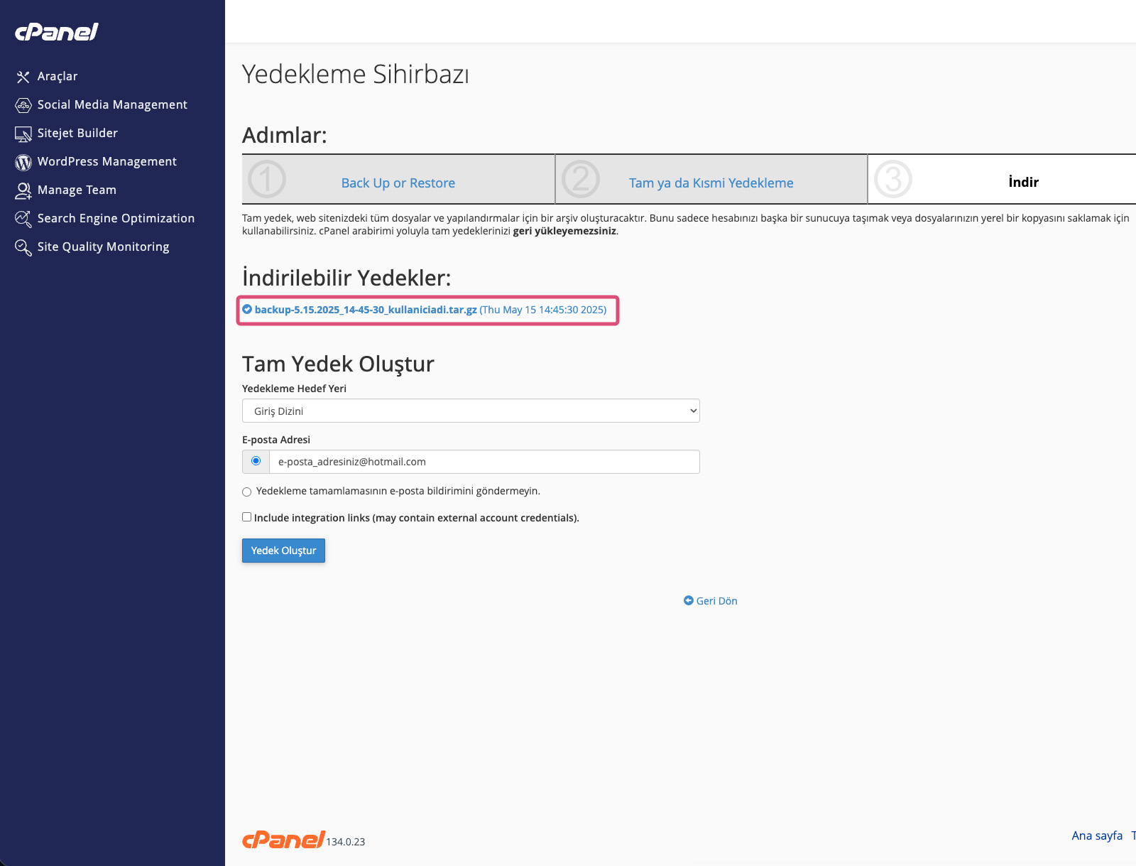 cPanel Yedekleme Sihirbazı