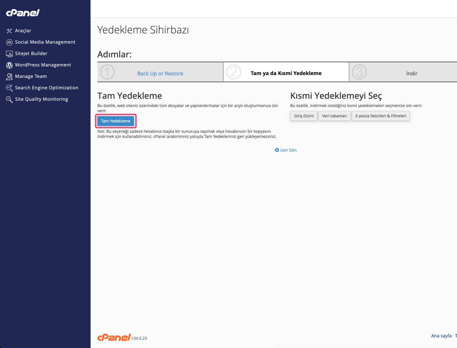cPanel Yedekleme Sihirbazı