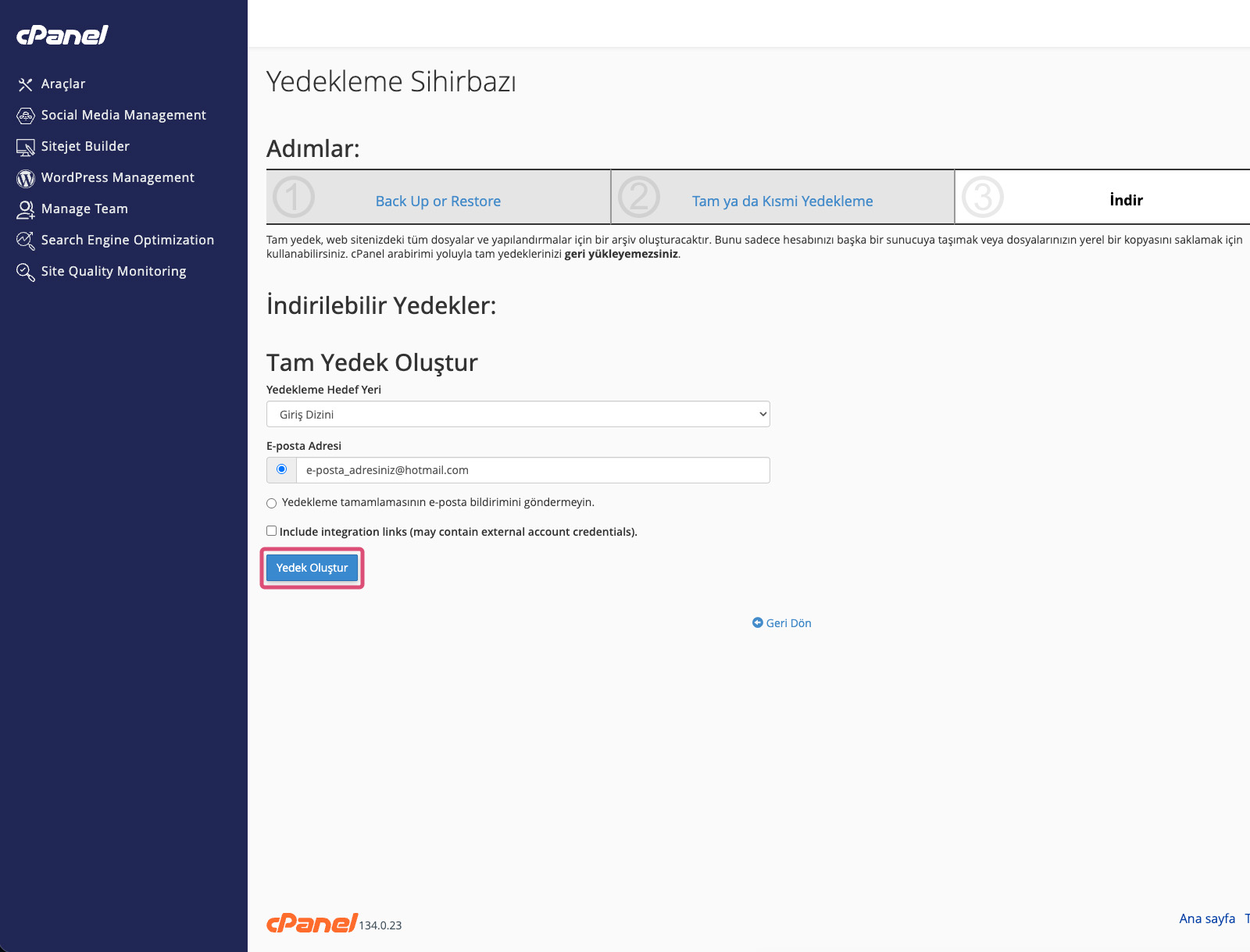 cPanel Yedekleme Sihirbazı
